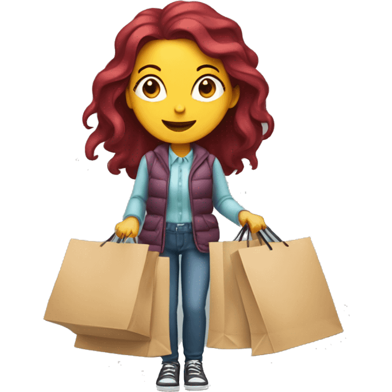 Long Burgundy haired girl, shopaholic, carrying a lot of shopping bags emoji