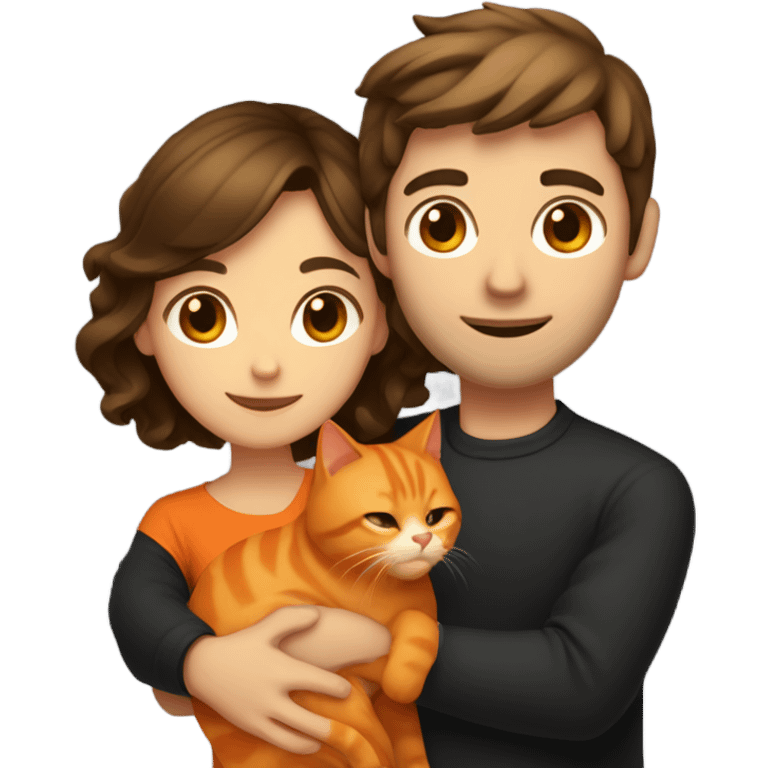 a light brunette woman with medium-long brown hair and a brunette man with short black hair hugging an orange cat emoji