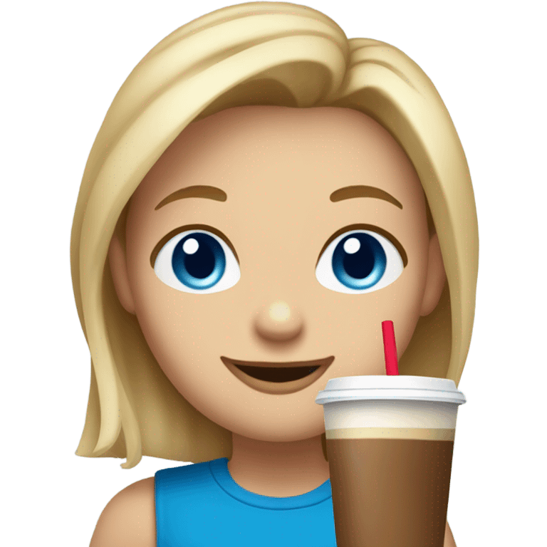 Shoulder length Blonde/light brown hair blue eyes cartoon character drinking iced coffee emoji