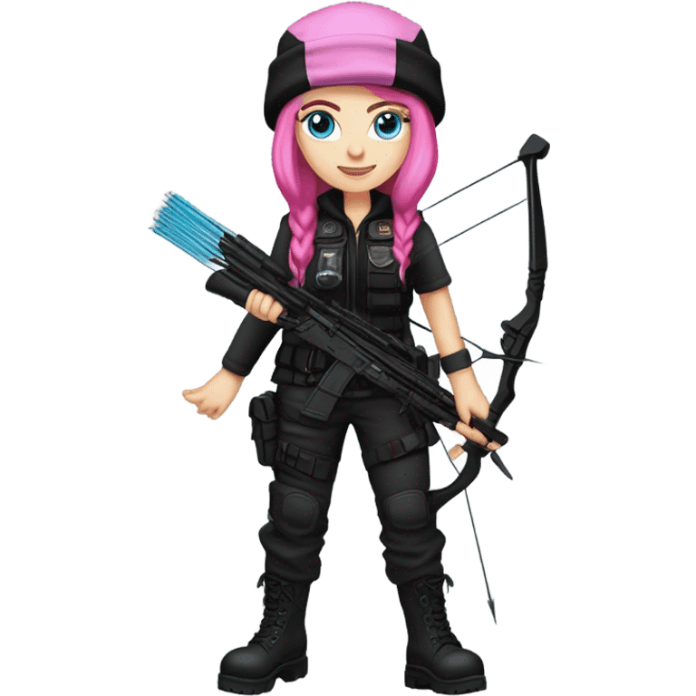 white girl, tactical vest, dark pants, pink hair, blue eyes, black beanie hat with crescent moon and stars on front, bow and arrow, black combat boots emoji