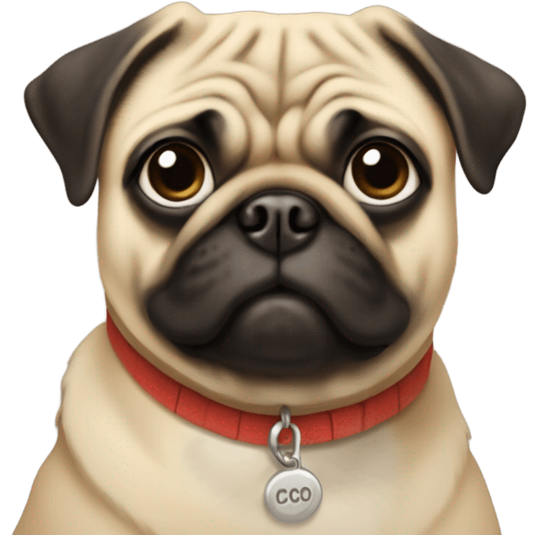 A pug with a collar that says “Coco” emoji