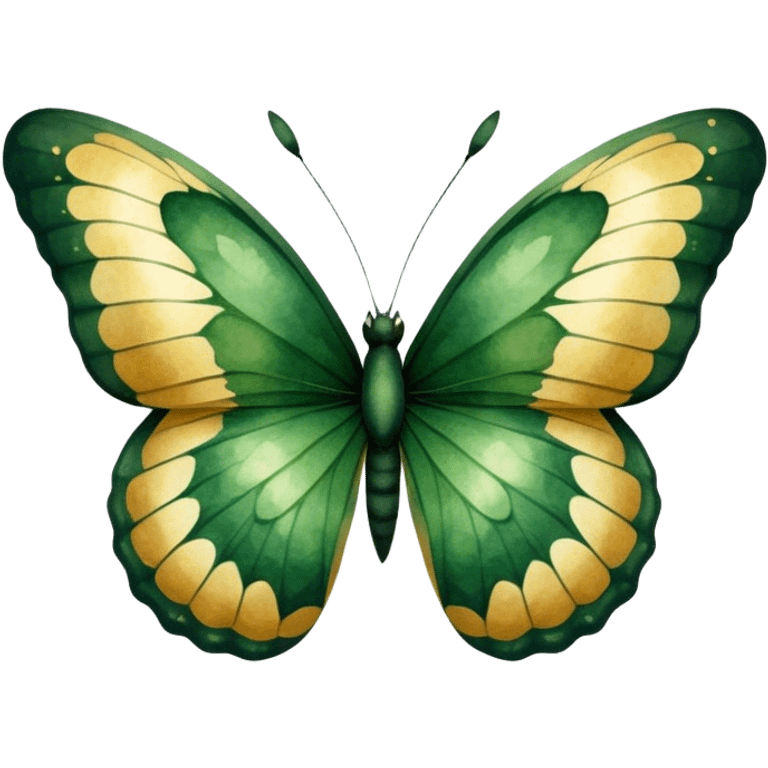 A bold, dark green butterfly with textured watercolor wings resembling leaves, blending natural elements with organic patterns. The wings have tiny golden flecks, adding a touch of elegance to the soft, earthy-toned background.
 emoji