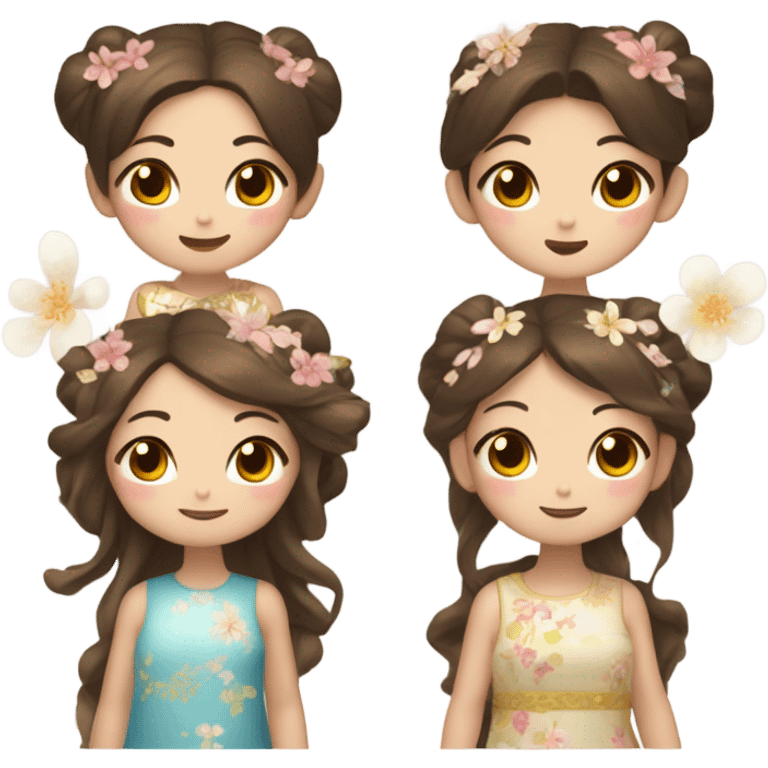 Four fairies who are Chinese with different grades of brown hair, in cute flower dresses like petals  emoji