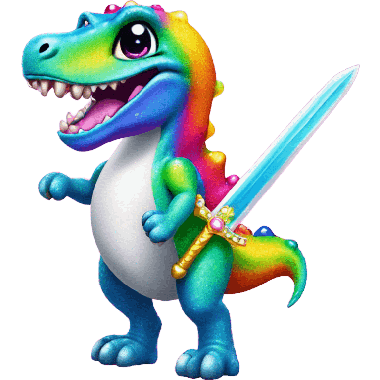 Lisa frank glitter rainbow cute dinosaur with sword and pearls emoji