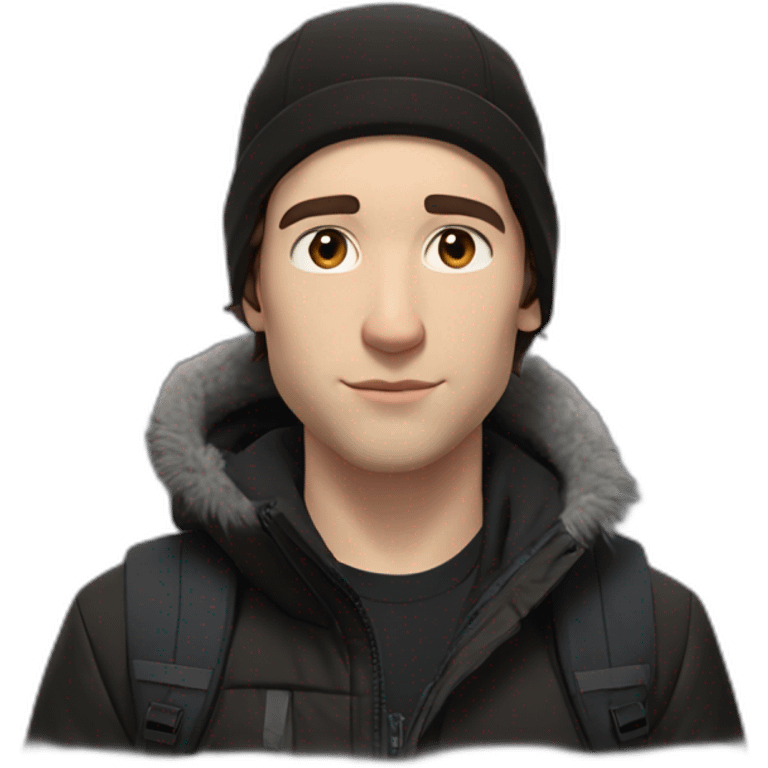 white boy,mi-long brown hair,winter cap black The North face,black jacket The North face,1 Backpack emoji