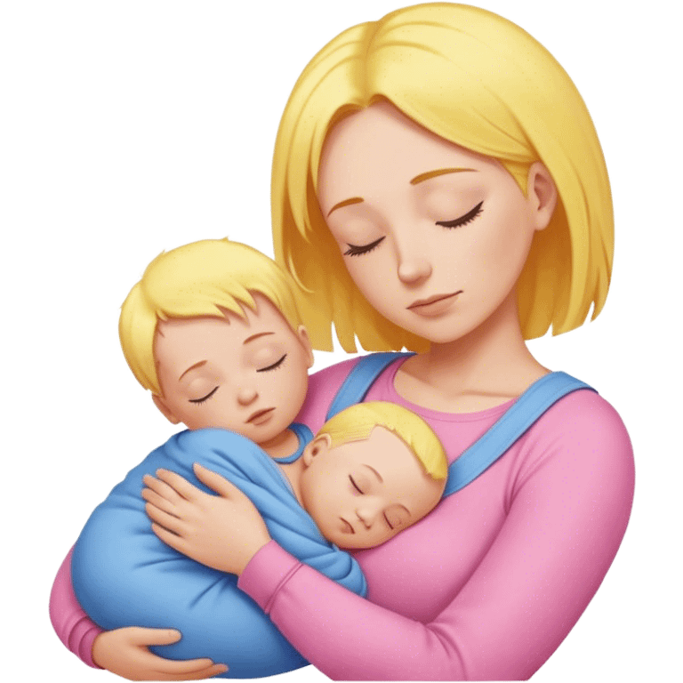 Mother holding baby, mother with yellow hair and pink clothes, baby in blue clothes is sleeping emoji