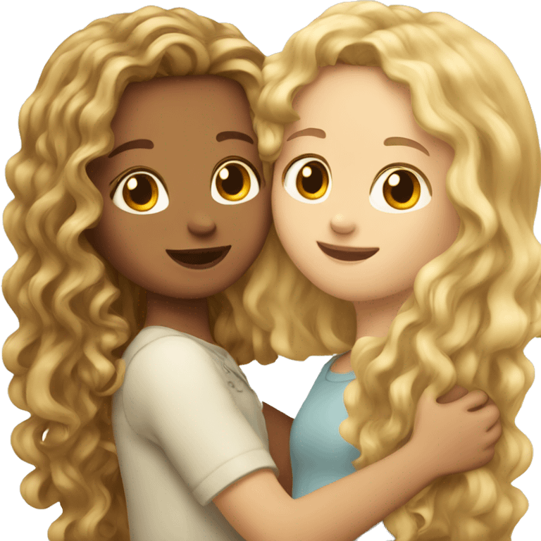 Girl with long blonde hair hugging a girl with long brown curly hair  emoji