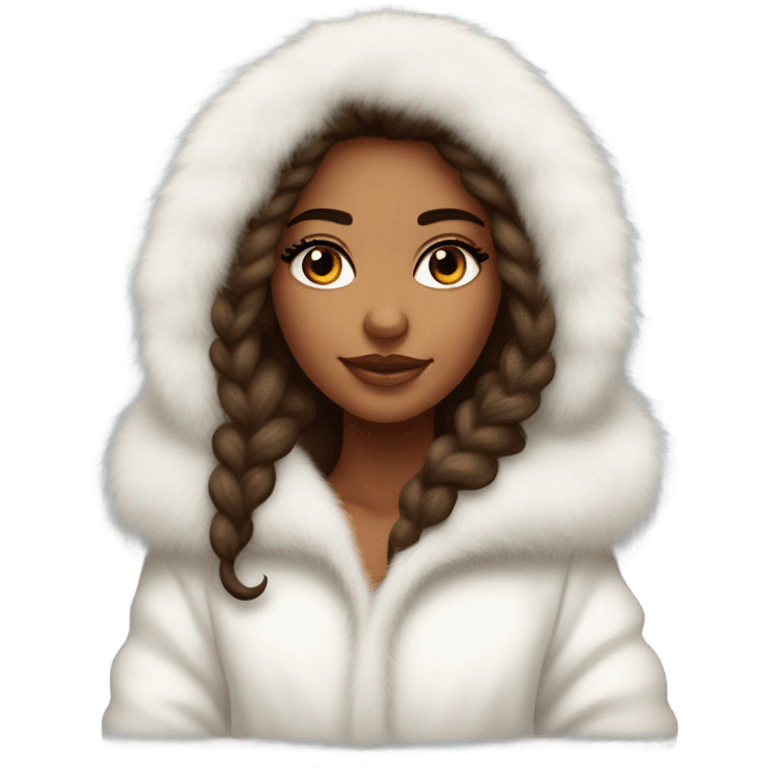 Tanned Girl with lashes ,  in an extremely big fluffy oversized white fur coat with hood on. The fur is real and it’s very obvious big and fluffy like in Pinterest  emoji