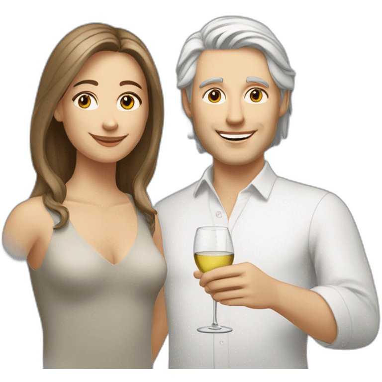 A white woman, she has brown eyes and blond medium long hair. A white man, he has blue eyes and grey hair. They toast to each other with a glass of white wine. emoji