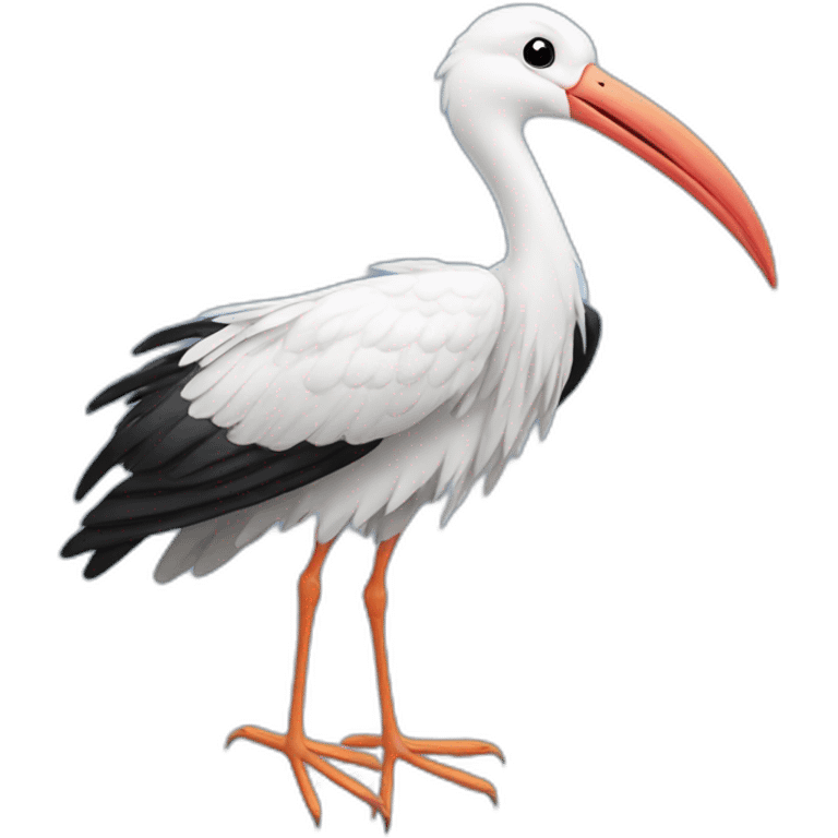  white stork with long legs and a long beak flying in the sky. The stork is carrying a blue bundle of cloth in its beak that has a cute white baby face peeking out from it with black head emoji