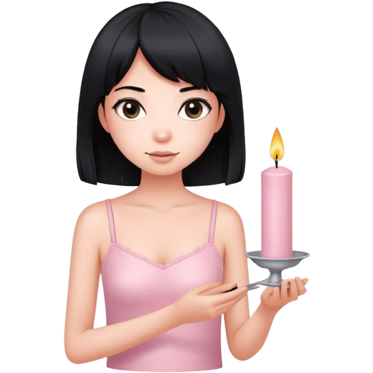 Girl with fair skin wearing light pink speghetti top has straight black medium length hair holding 25 candle in hand emoji