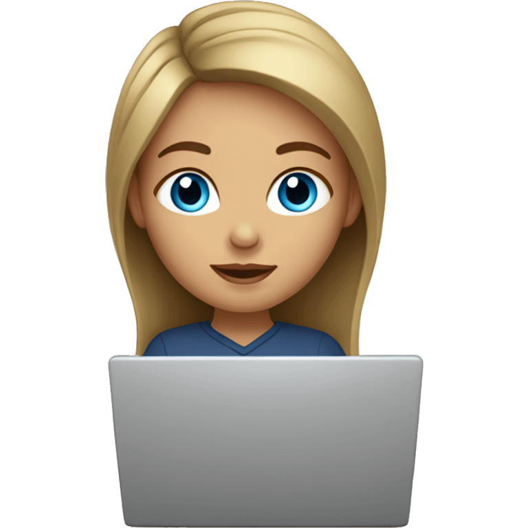 a girl with blue eyes and dark blond hair is sitting at a laptop emoji