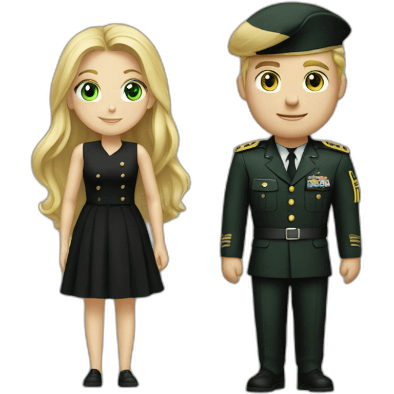 Military blond guy and blond long hair girl with green eyes in black dress emoji