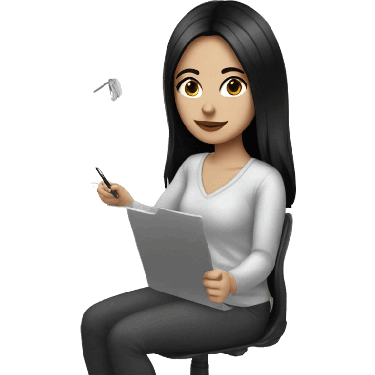 Pretty white girl with black hair and dark brown eyes working at home emoji