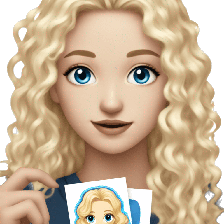 White girl with blue eyes and curly blonde hair holding a kpop photo card of newjeans emoji