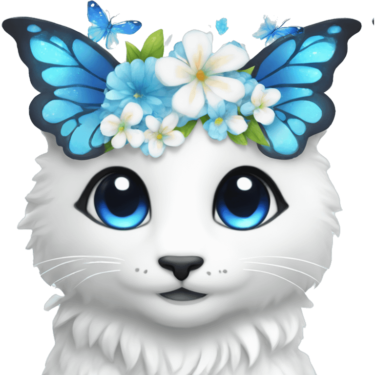 Edgy Cute Cool Kawaii gorgeous sparkly ethereal white fantasy animal with blue eyes sona with flowers and butterflies emoji