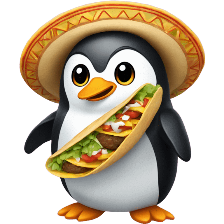 Penguin with curly hair and holding a taco with a sombrero on its head emoji