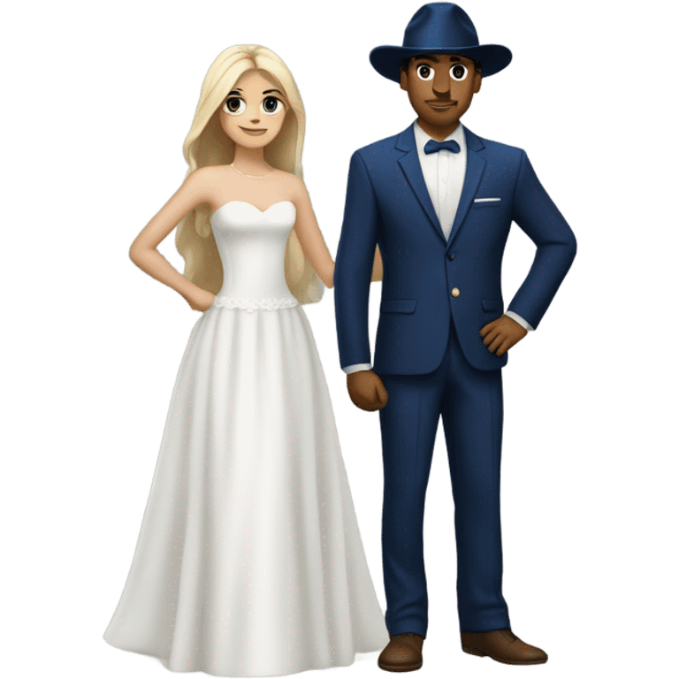 Puerto rican beard short hair with blue hat and navy blue suit getting Married with blond long hair girl with white  wedding dress  emoji