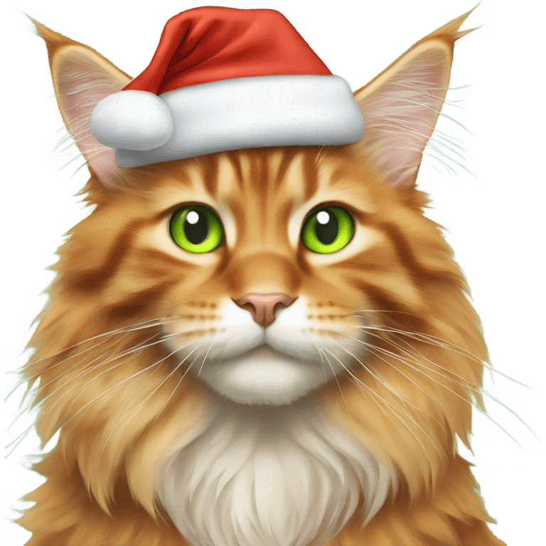 orange maine coon with light green eyes wearing santa hat emoji