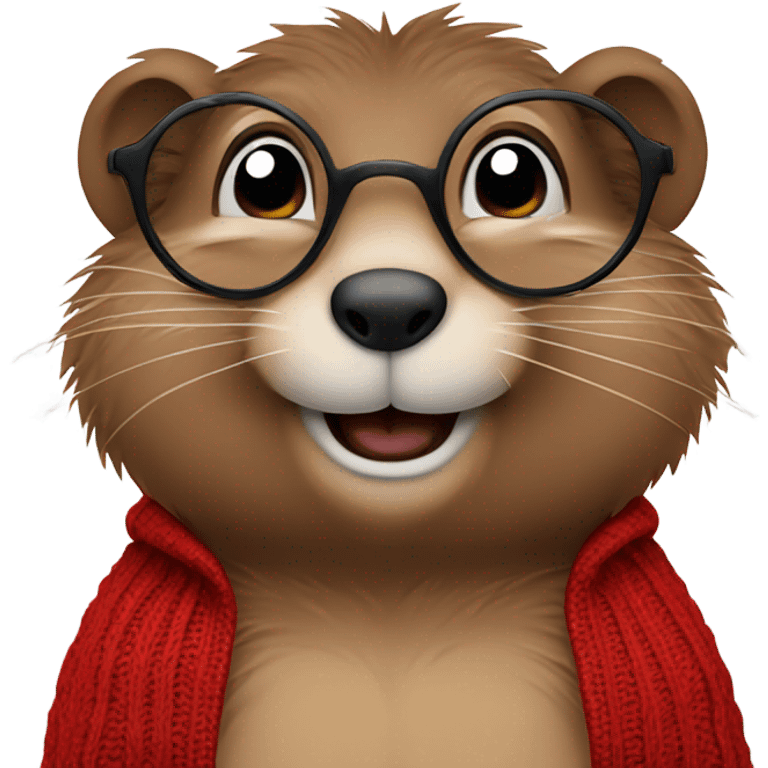 cute groundhog in a red sweater and glasses hands on side emoji