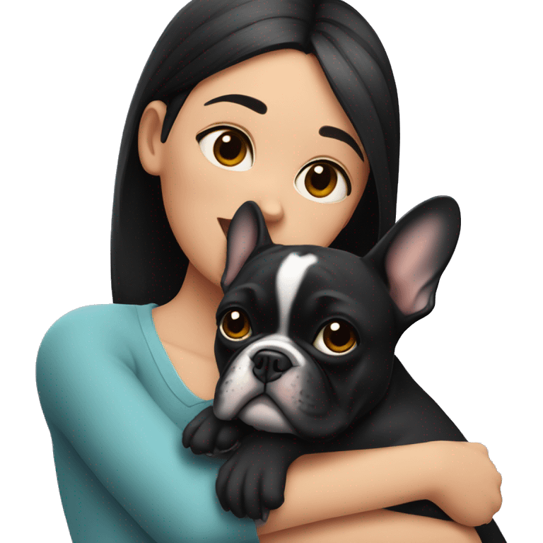 A girl with dark hair hugs a black French bulldog emoji