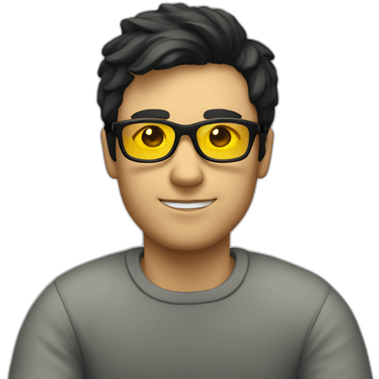 White man with yellow tinted glasses and black hair in a jumper sitting on a chair emoji