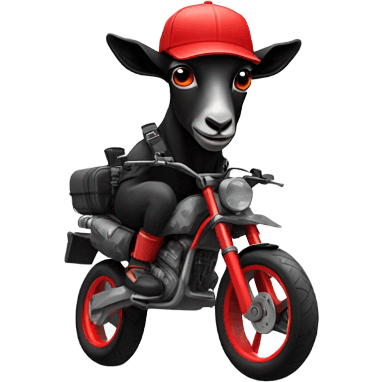 Black goat with red goggles on with and urban camo hat with motorbike goggles on top of them emoji