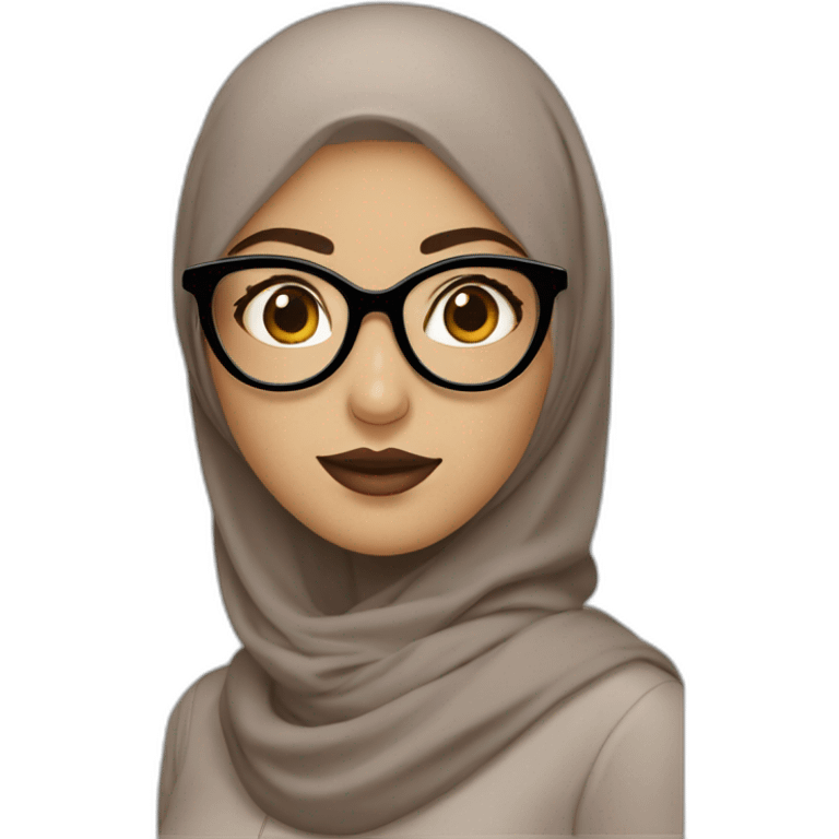 Hijabi girl with glasses fair skin and almond wyes dark iris and puly lips with tiny nose emoji