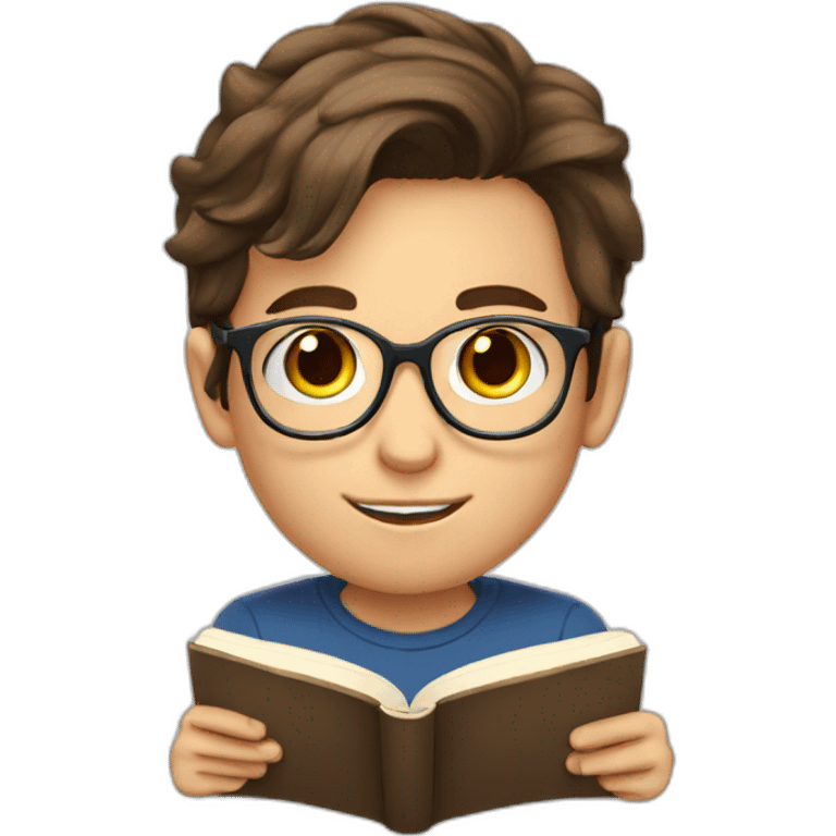 a 12-year-old boy with brown hair and gray eyes with glasses is reading a book emoji