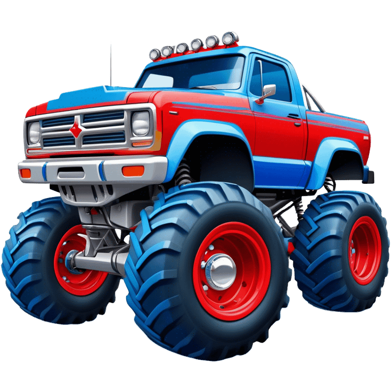 Avenger - Monster Jam (Model Year: 2021) (Iconic colour: Blue and red) - A dynamic monster truck with a split-color scheme: predominantly blue accented by bold red elements. Focus on strong, angular lines and vivid contrasting colors that evoke high energy and a futuristic, rebellious style. emoji