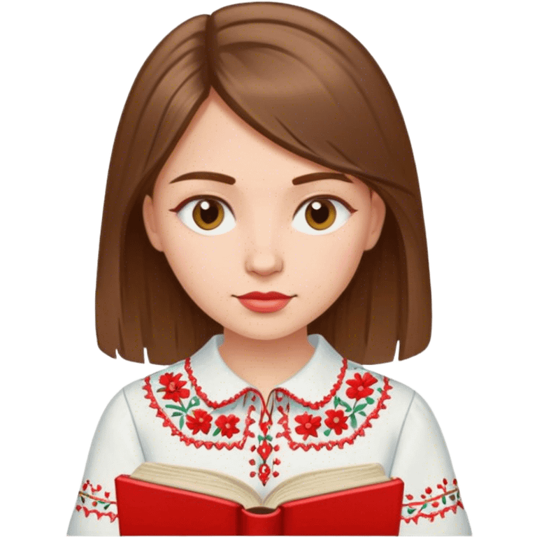 A Ukrainian girl with brown hair in an embroidered shirt reads a red book emoji