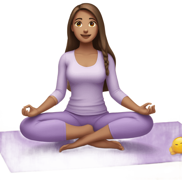 Brunette long hair and brown eyes yoga beautiful girl in light purple clothes sitting on a yoga mat emoji