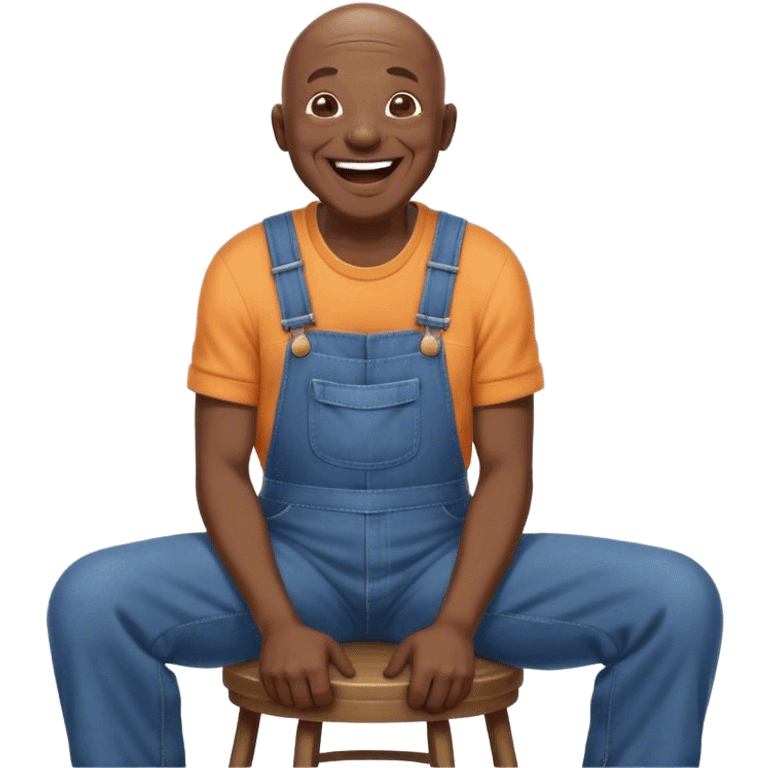 Laughing Old bald black man sitting on stool wearing overalls emoji