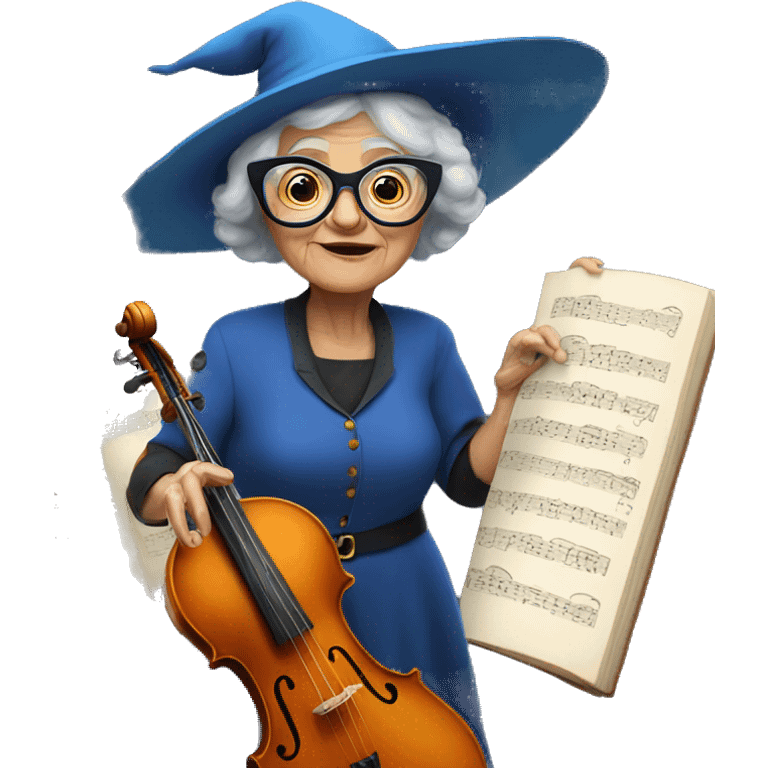 smart granny witch with glasses and blue hat directing orchestra emoji