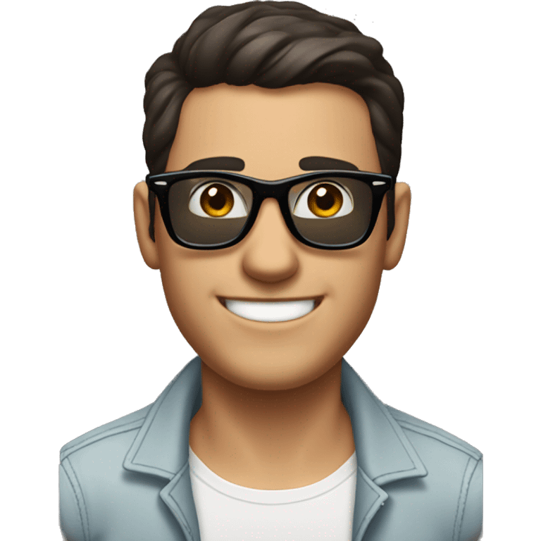 a guy with short dark hair, thick brow, grinning, with rayban wayfarer emoji