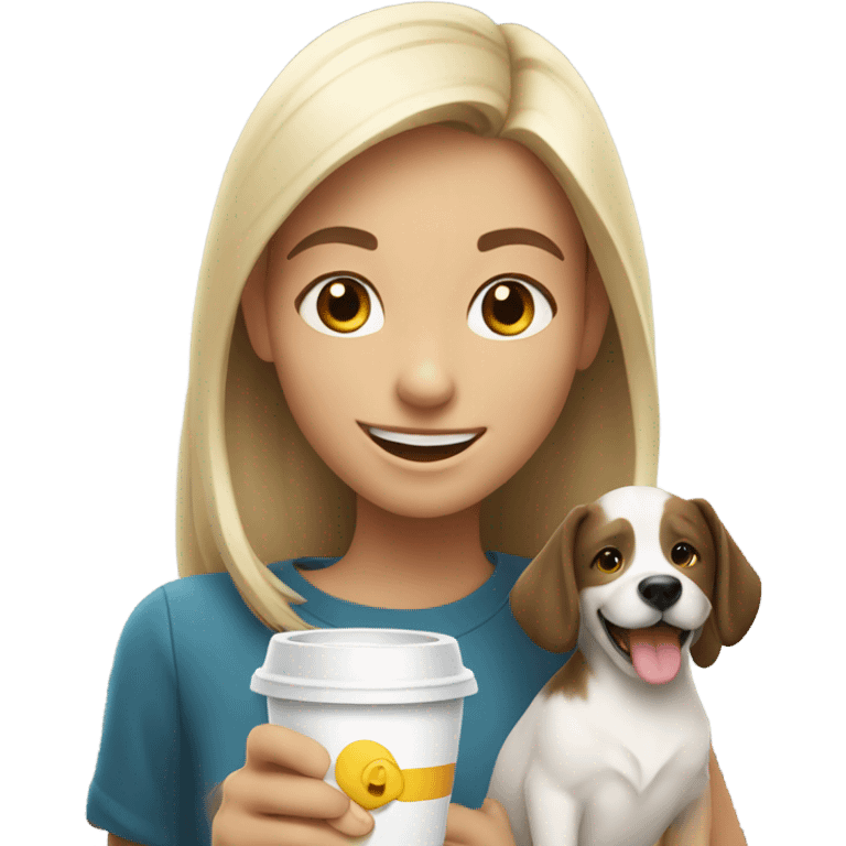 smiling girl with cup outdoors holding a white dog emoji