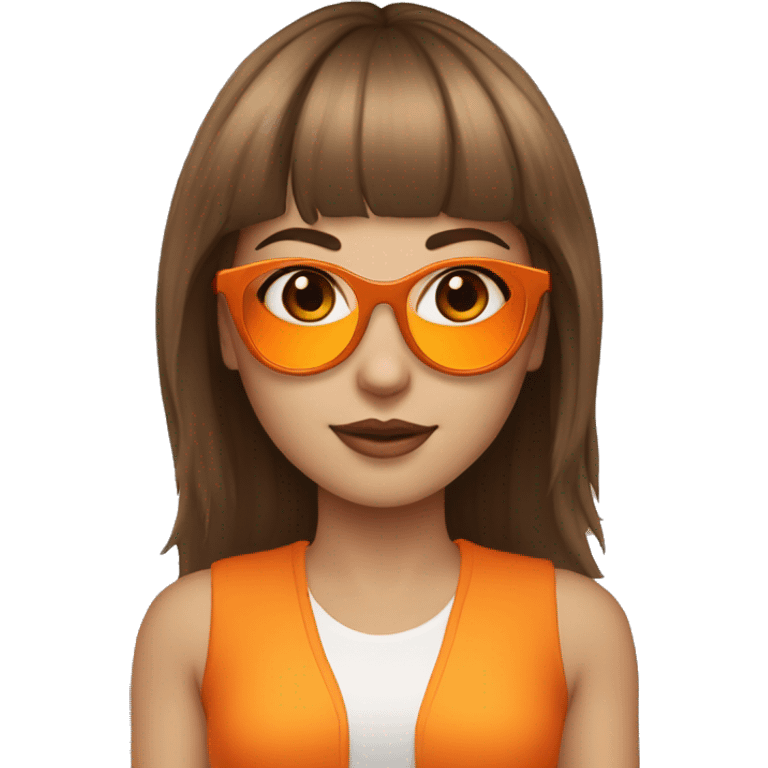 White skin girl with brown medium hair with bangs wearing orange sungglases emoji