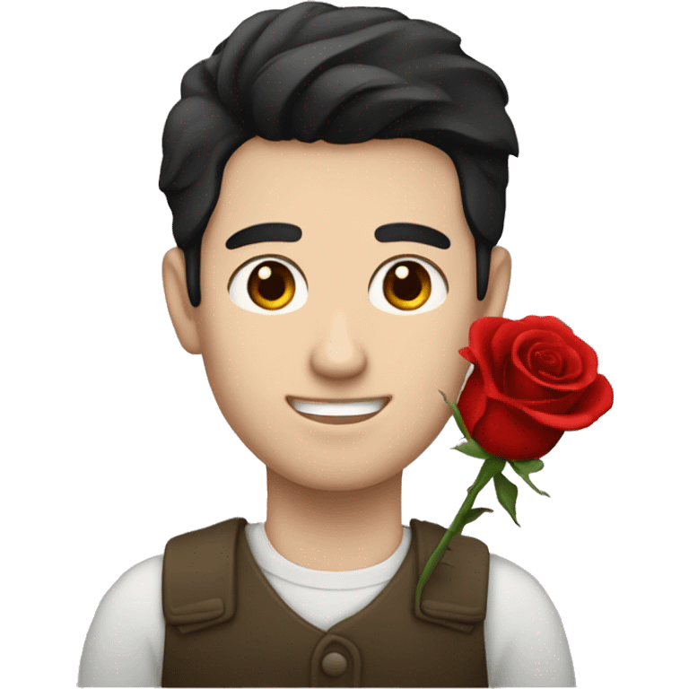 A man with pale skin and black hair holding a red rose emoji