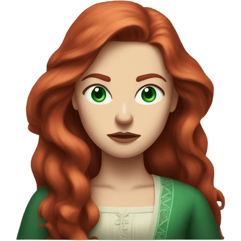 Rich woman, red long hair,  pale-skin, emerald blue-green-eyes,  scowling, glaring, angry emoji