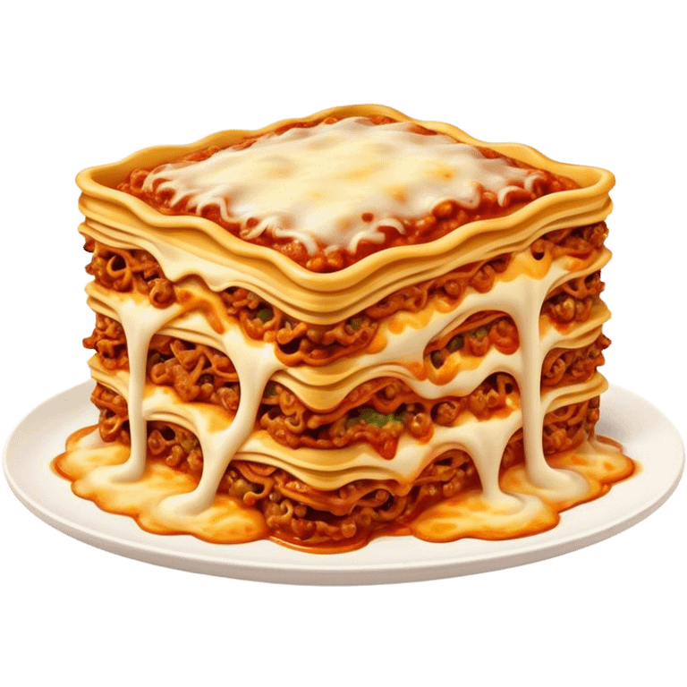 Lasagne alla Bolognese Cinematic Realistic Lasagne alla Bolognese Dish Emoji, depicted as a messy, layered pasta dish overflowing with melted cheese and rich meat sauce, rendered with hearty textures and warm, indulgent lighting. emoji