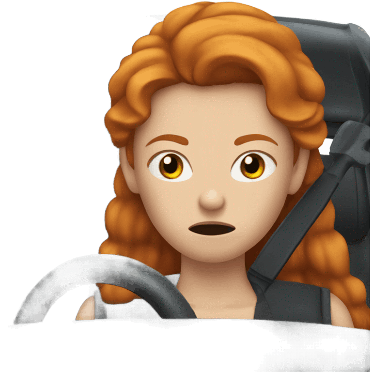 An angry ginger young woman with long ginger hair in a small old black car  emoji