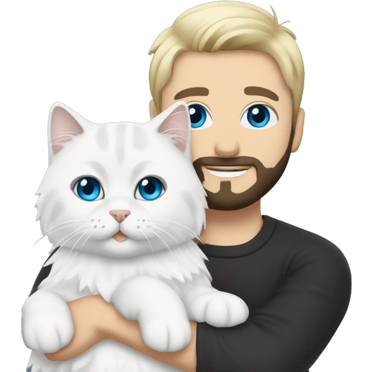 A guy with a black earing and black short hair and black beard and holding a all white Siberian cat with blue eyes  emoji