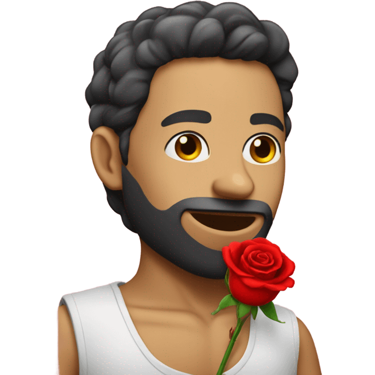 Man with a red thong and a red rose in vis mouth emoji