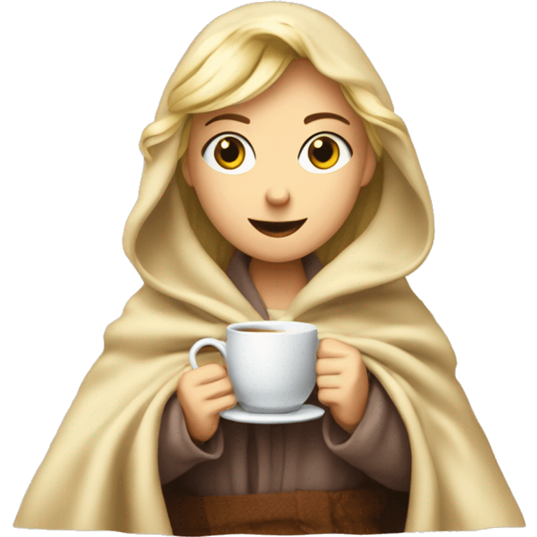 blonde girl cuddeling up in a blanket with tea emoji