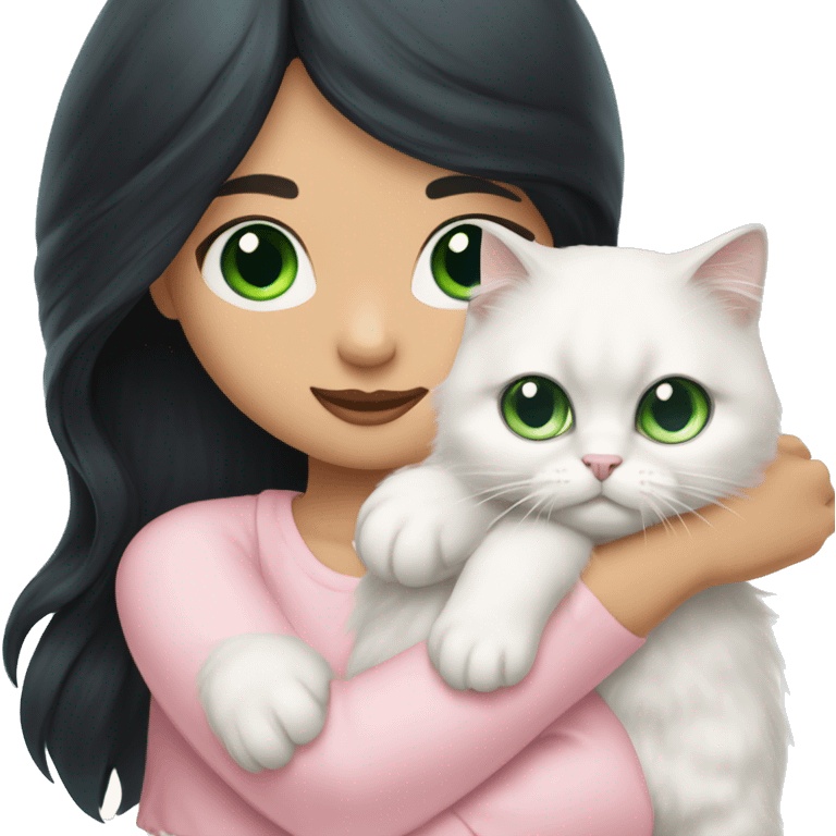 girl with very long black hair and green eyes and light pink outfit hugging a white scottish fold long hair blue eyes cat  emoji