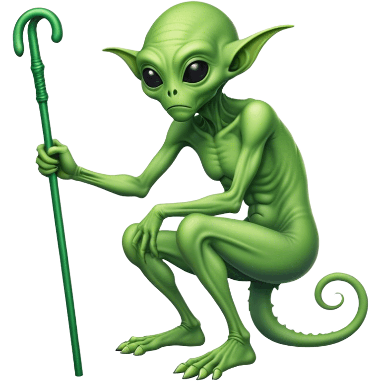 Old green alien hunched holding cane emoji