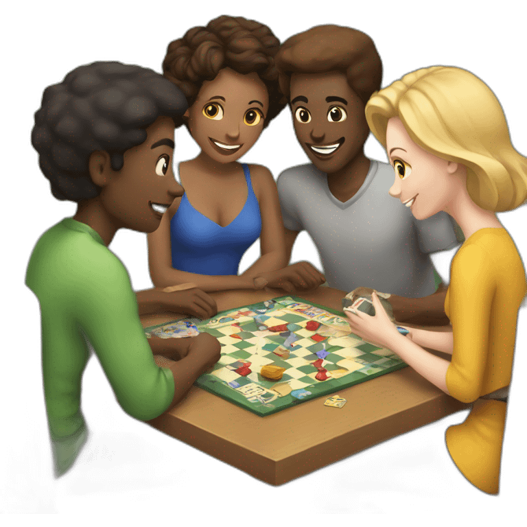 Four white friends playing board game emoji