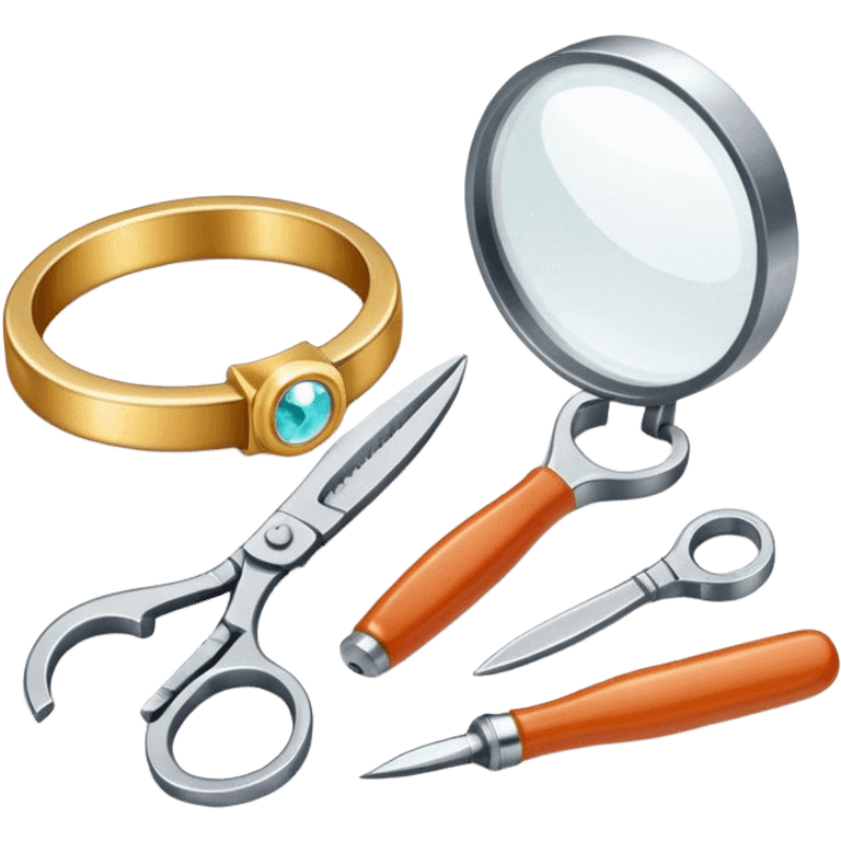 Jewelry art icon, one or two jewelry pieces (like a ring or pendant), visible tools like pliers, magnifying glass, and a workbench with materials, minimalistic style, clean lines, transparent background. emoji