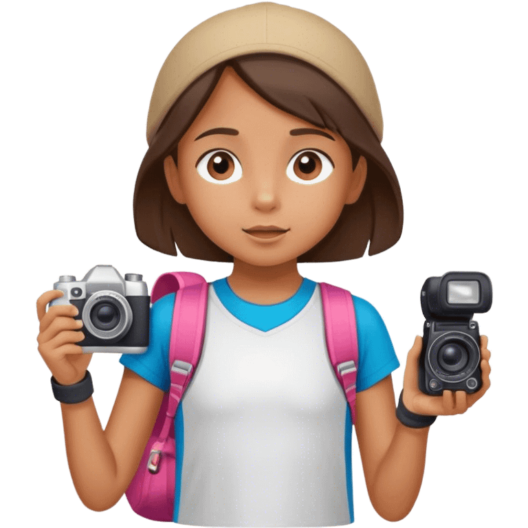 little tourist girl with camera and sportswear looking up emoji