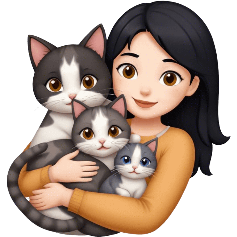 happy girl with black hair hugging three cats  (tricolour cat, gray cat, brown calico cat) emoji